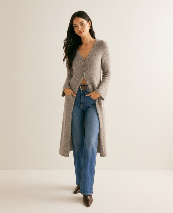 Long Ribbed Knit V-Neck Cardigan with Bell Sleeves