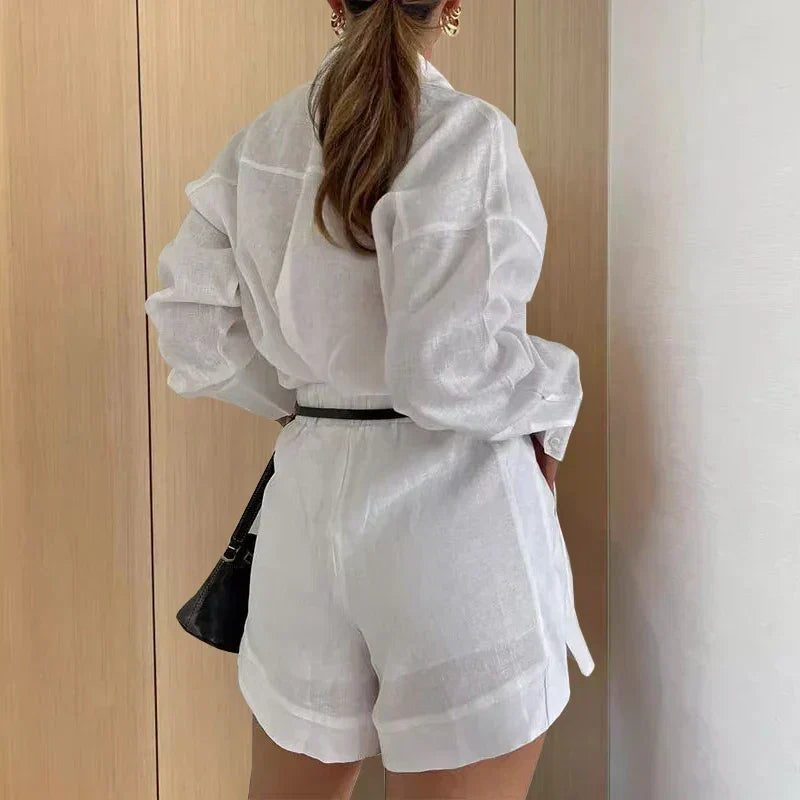 Long Sleeve Button Up Shirt and Shorts Set