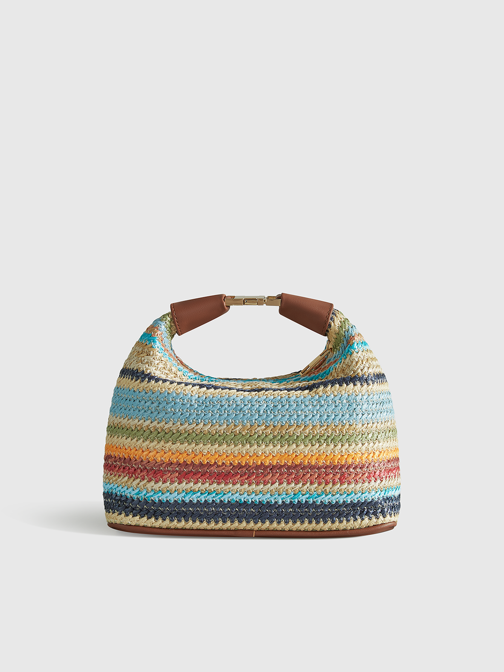 Multicolor Striped Handwoven Straw Handbag with Leather Strap