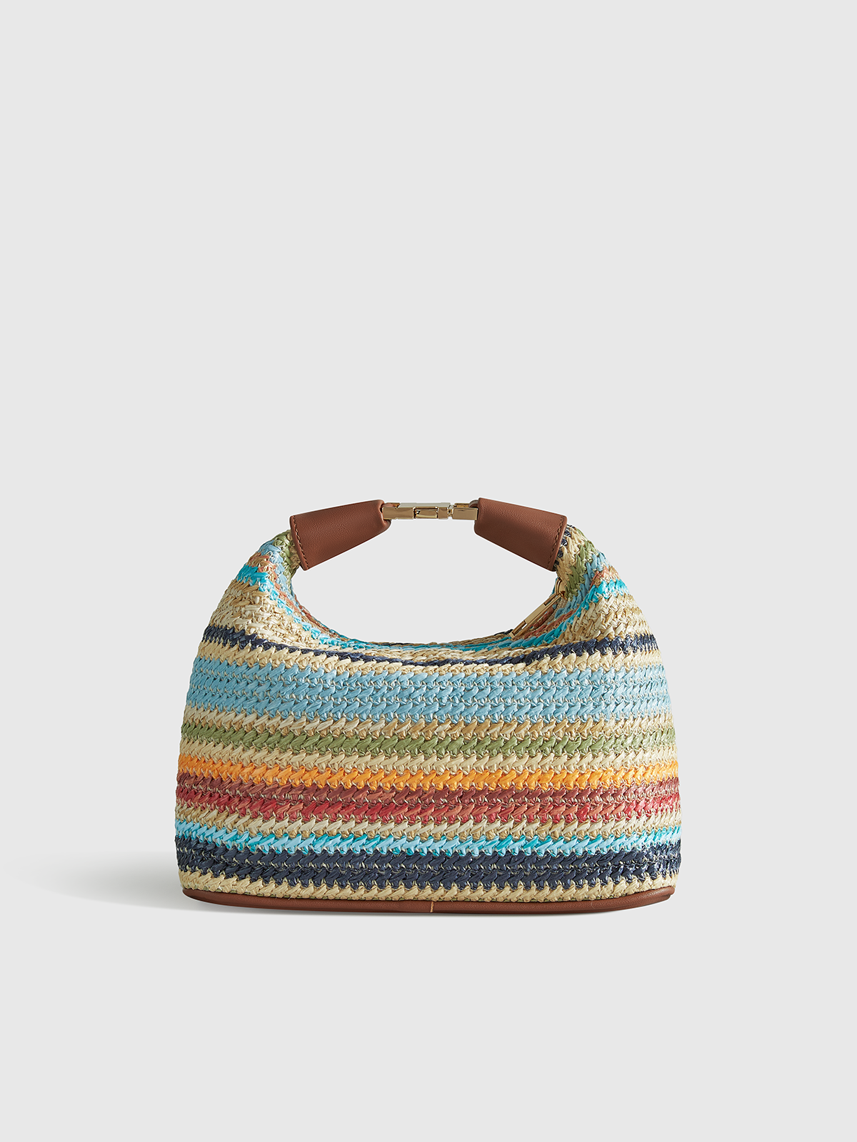 Multicolor Striped Handwoven Straw Handbag with Leather Strap