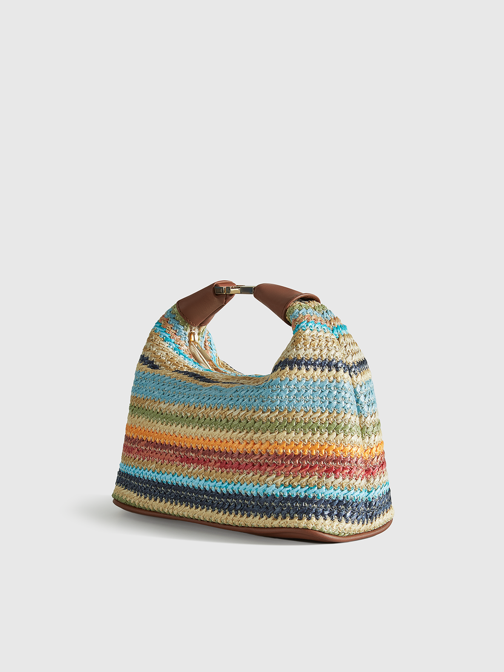 Multicolor Striped Handwoven Straw Handbag with Leather Strap