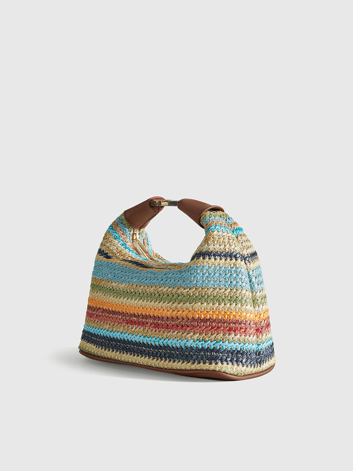 Multicolor Striped Handwoven Straw Handbag with Leather Strap