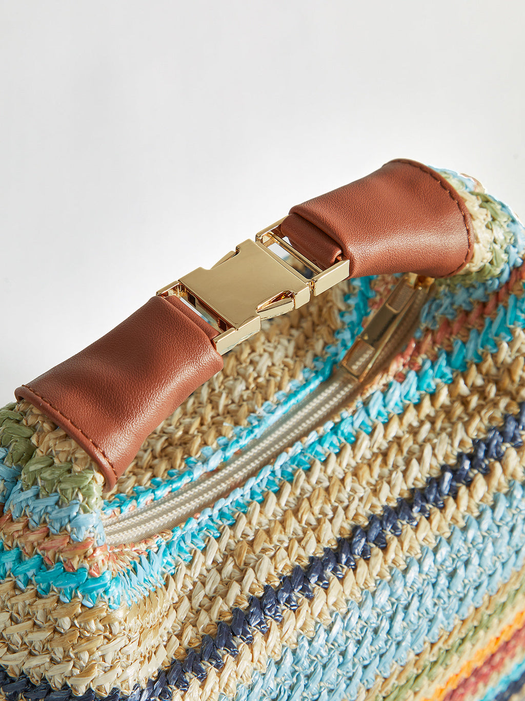 Multicolor Striped Handwoven Straw Handbag with Leather Strap