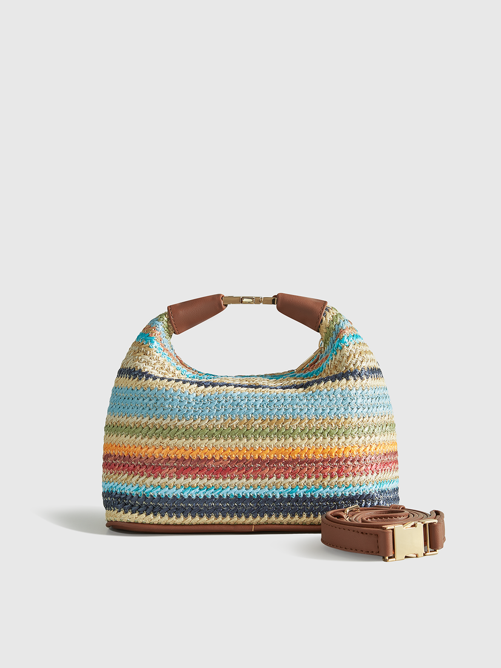 Multicolor Striped Handwoven Straw Handbag with Leather Strap