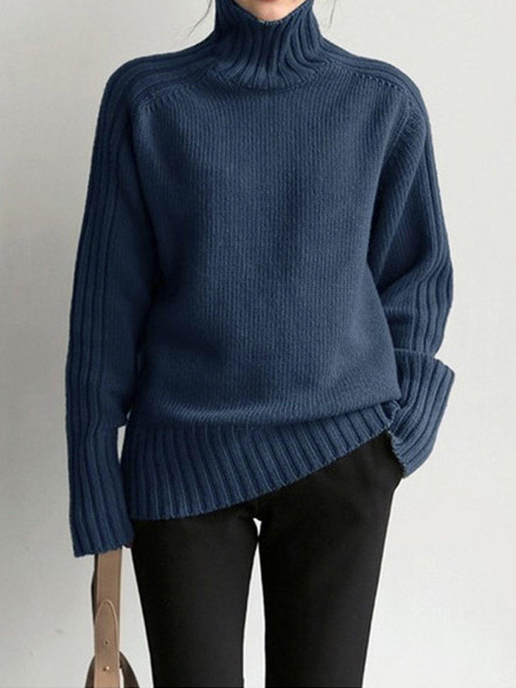 Navy High Neck Long Sleeve Knit Sweater