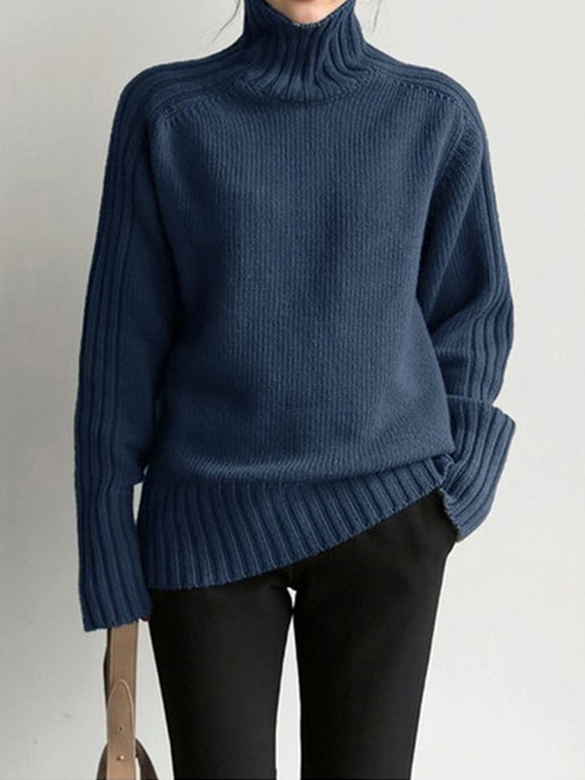 Navy High Neck Long Sleeve Knit Sweater