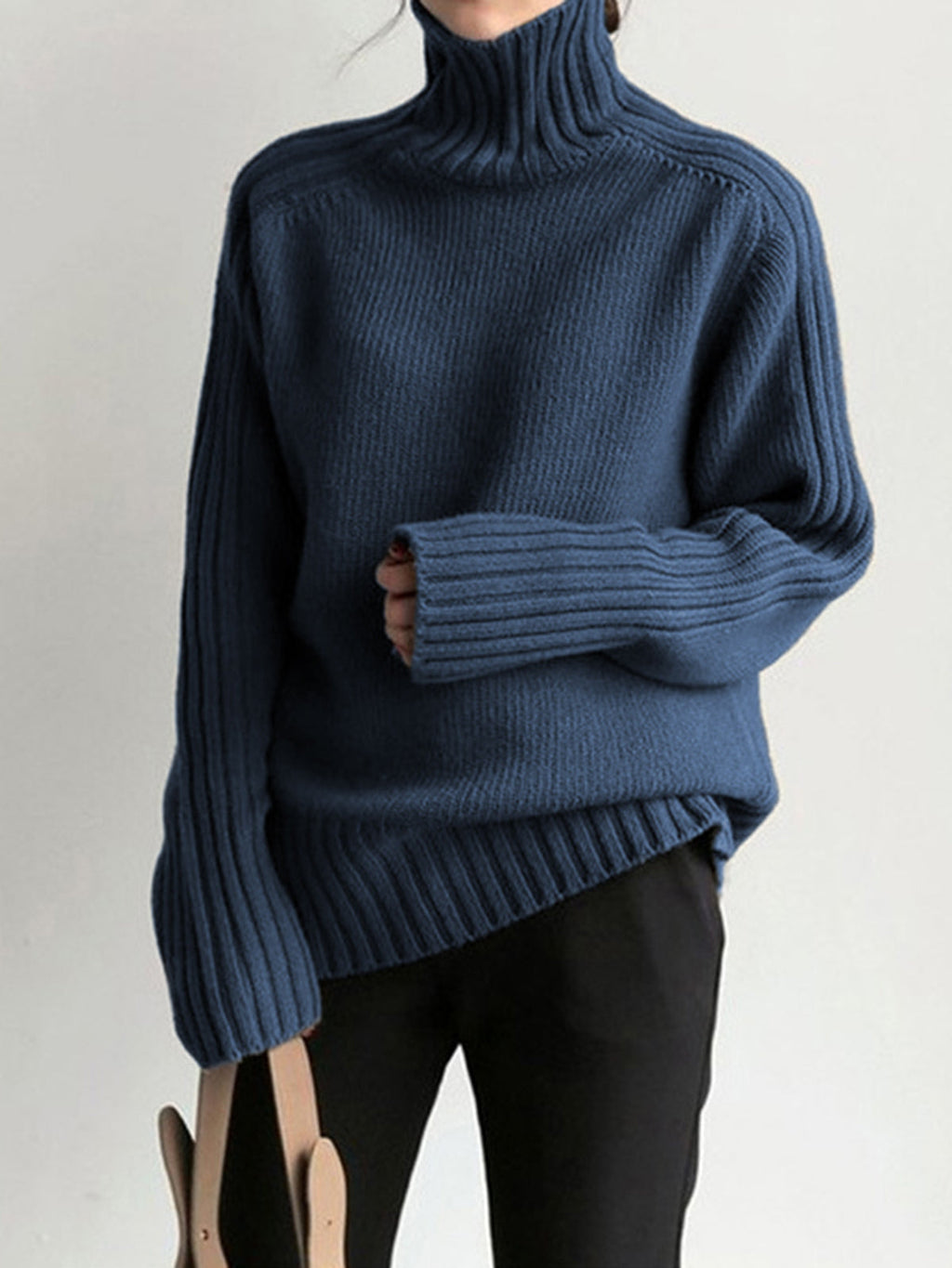 Navy High Neck Long Sleeve Knit Sweater