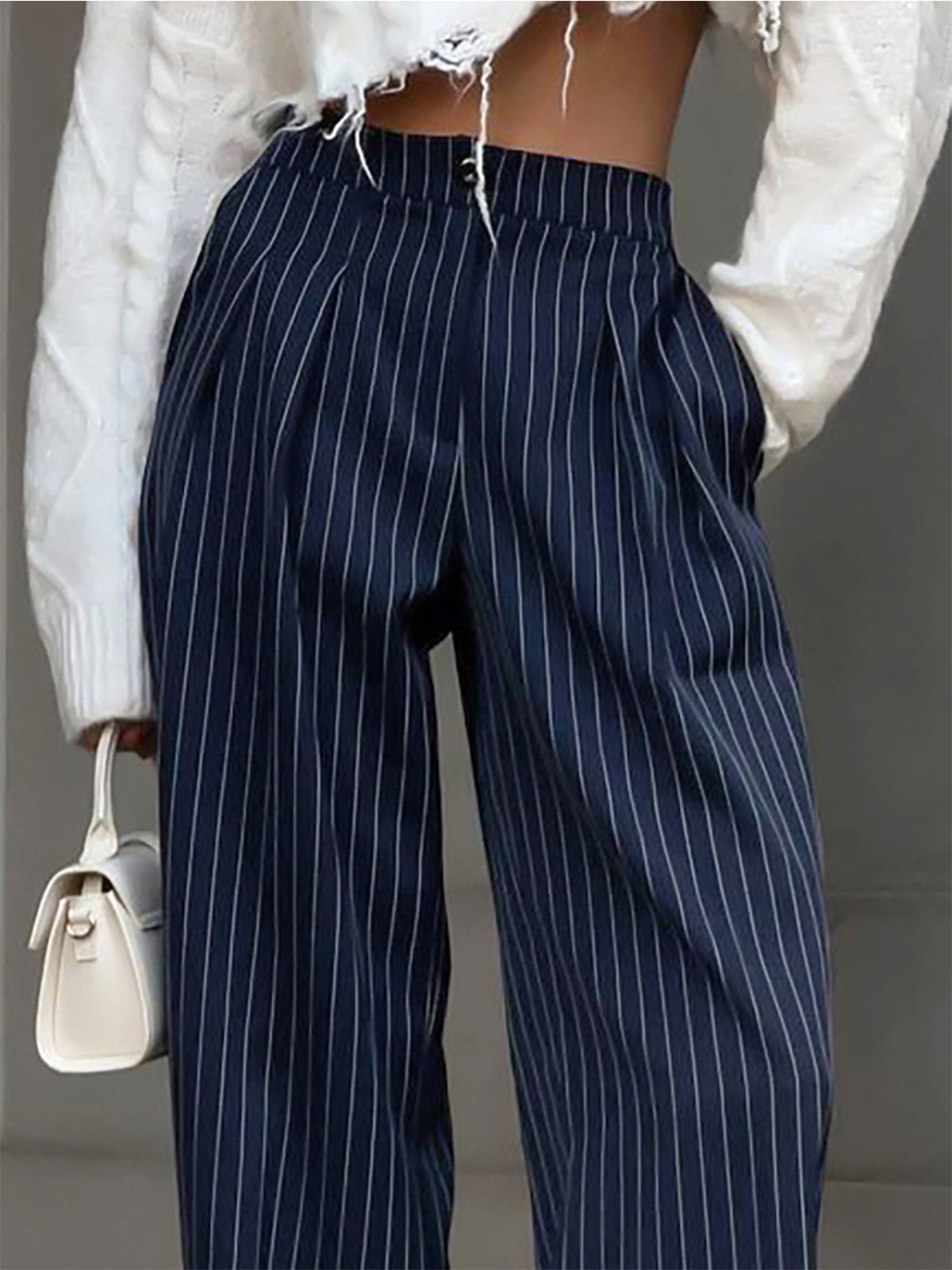 Navy Pinstripe Pleated Wide Leg Pants