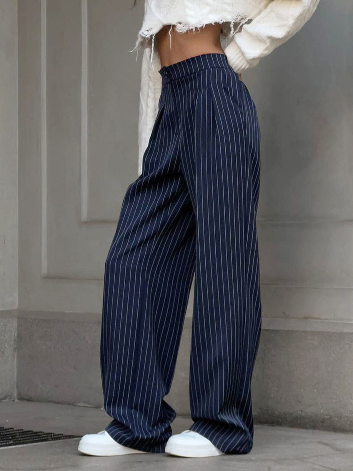 Navy Pinstripe Pleated Wide Leg Pants