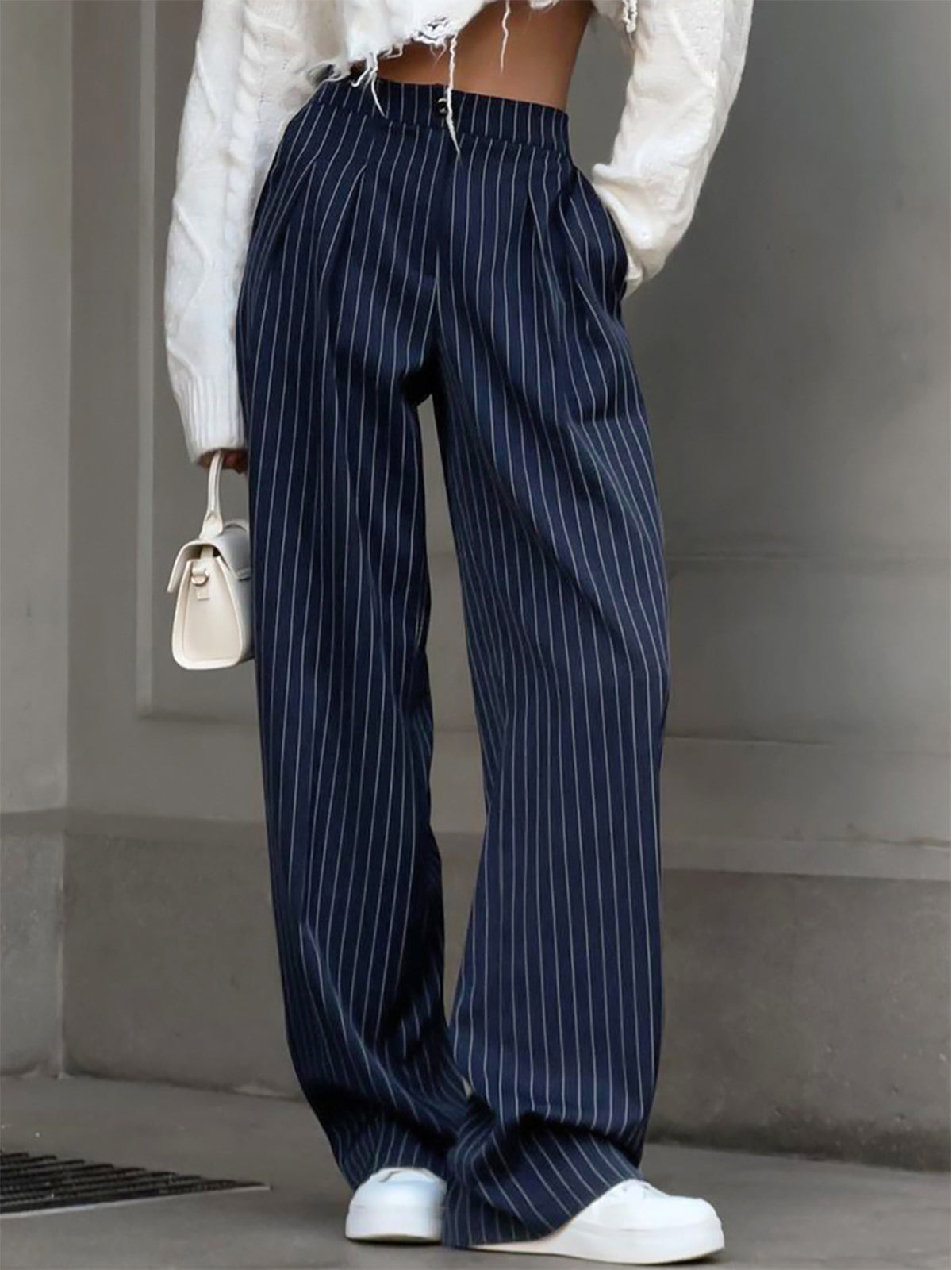 Navy Pinstripe Pleated Wide Leg Pants