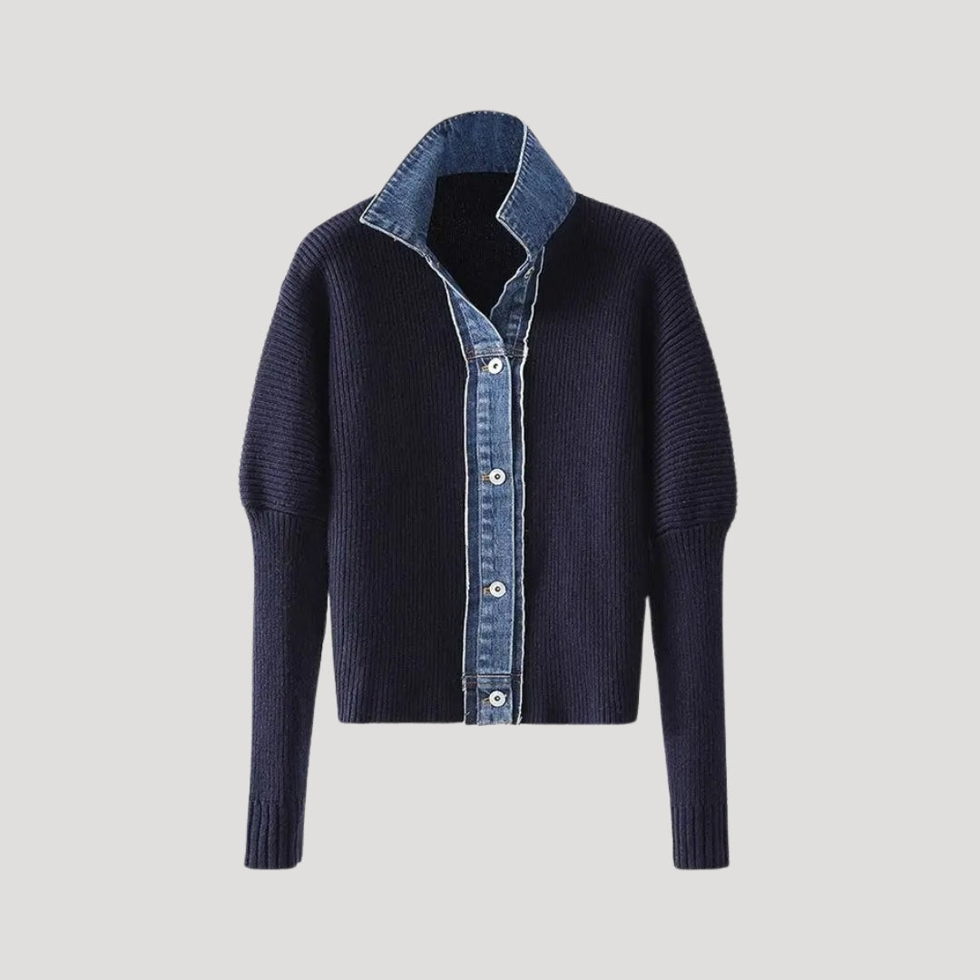Navy Ribbed Knit Cardigan with Denim Collar and Placket