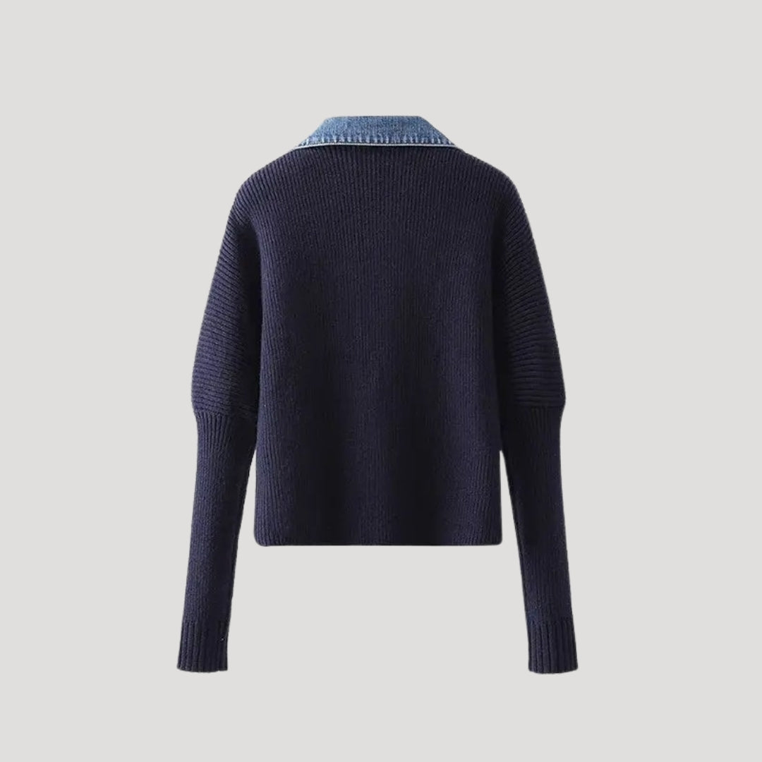 Navy Ribbed Knit Cardigan with Denim Collar and Placket