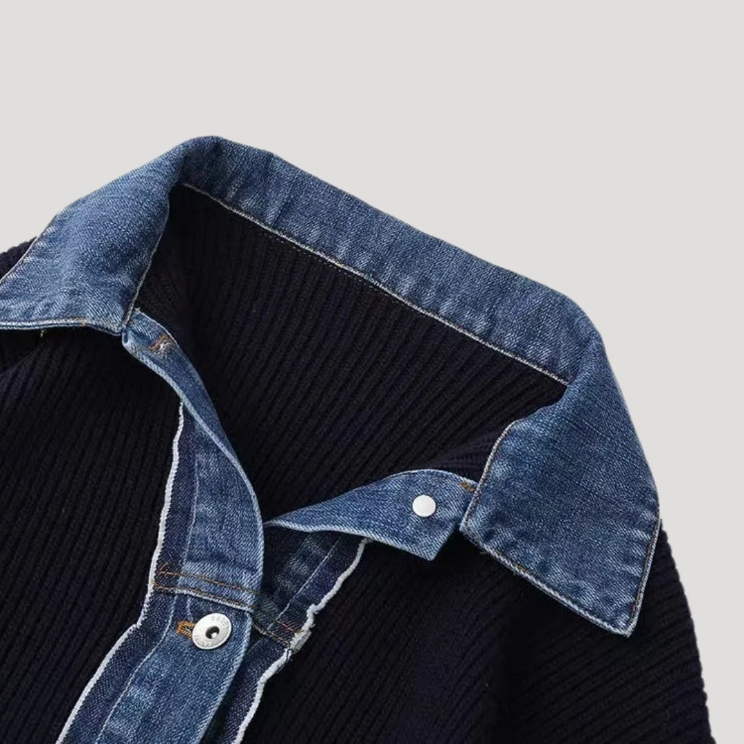 Navy Ribbed Knit Cardigan with Denim Collar and Placket