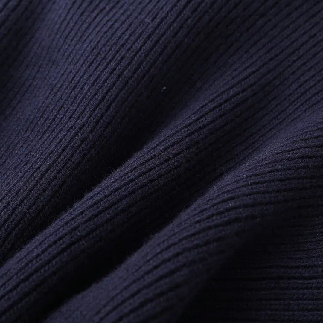Navy Ribbed Knit Cardigan with Denim Collar and Placket