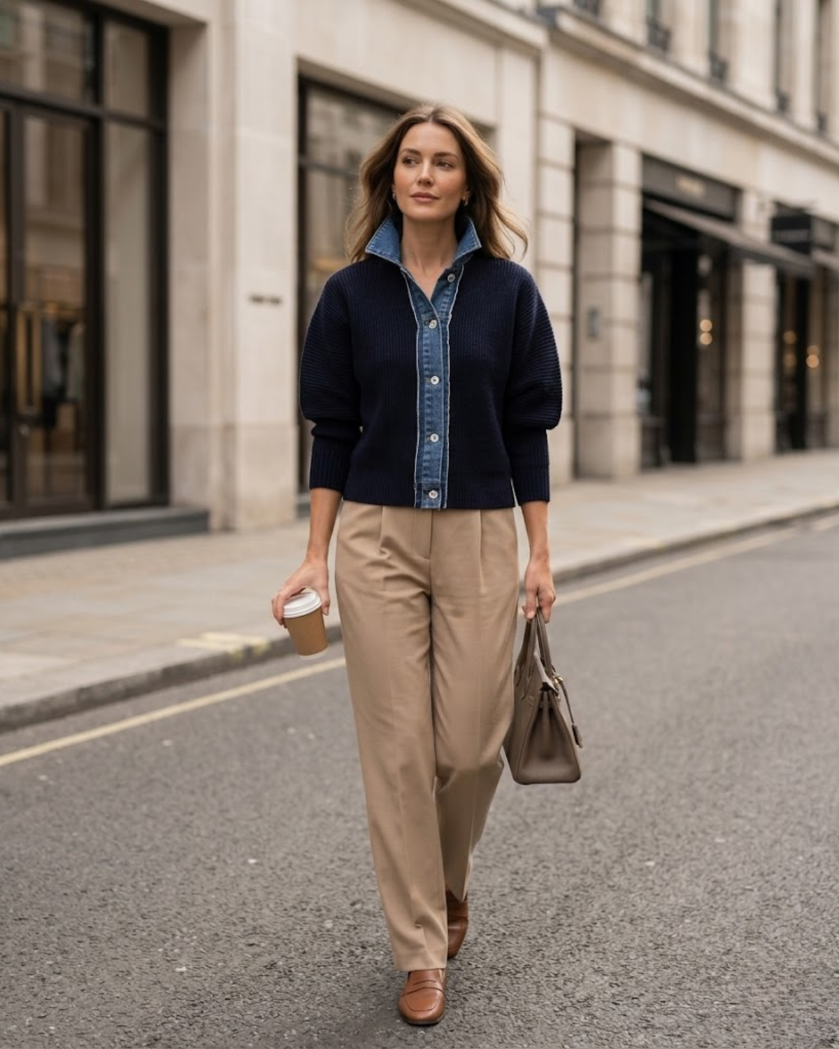 Navy Ribbed Knit Cardigan with Denim Collar and Placket