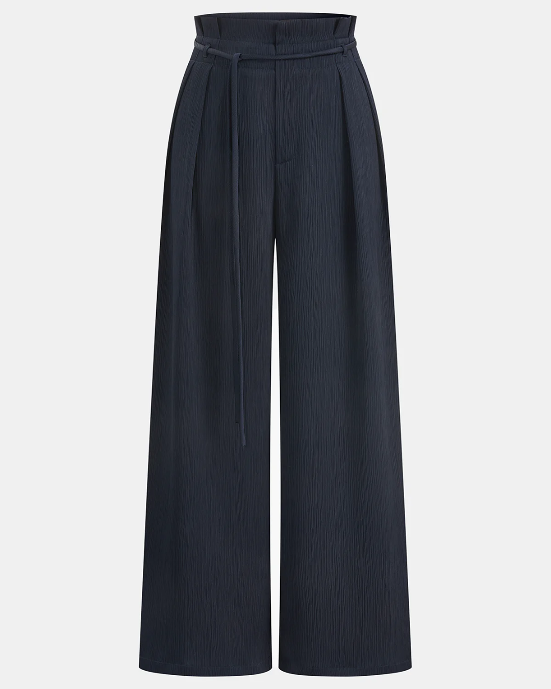 Navy Satin High Waist Paperbag Wide Leg Pants