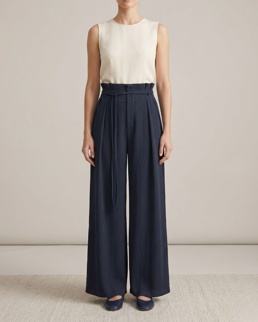 Navy Satin High Waist Paperbag Wide Leg Pants
