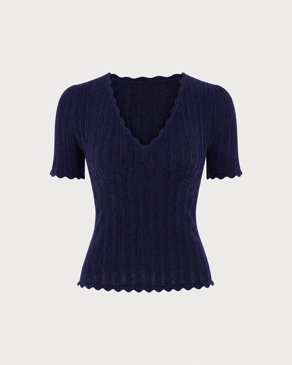 Navy Short Sleeve V-Neck Textured Knit Top