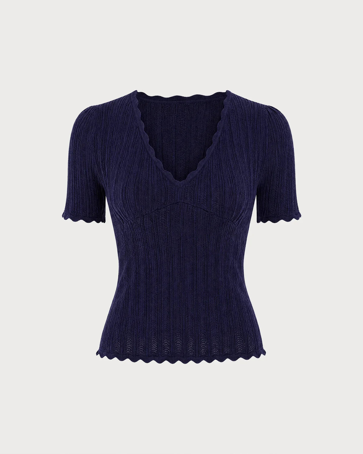 Navy Short Sleeve V-Neck Textured Knit Top