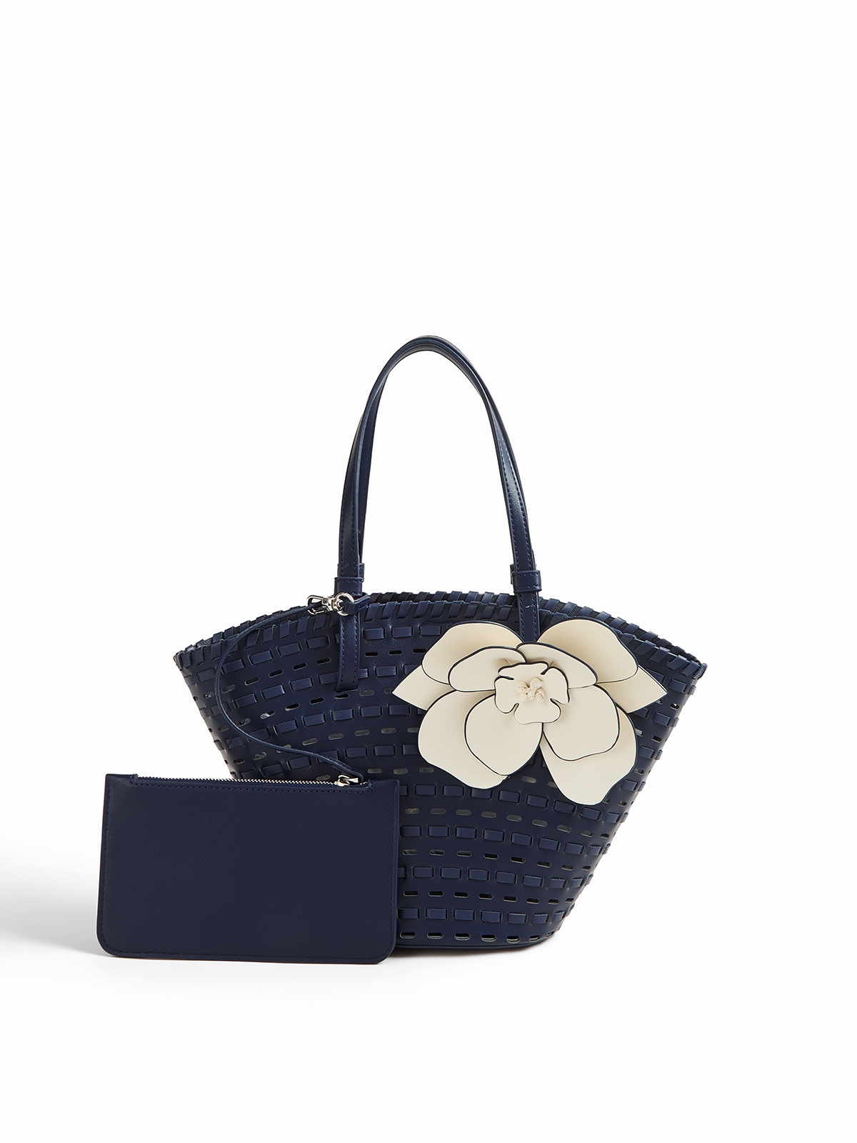 Navy Woven Vegan Leather Tote Bag with Floral Detail