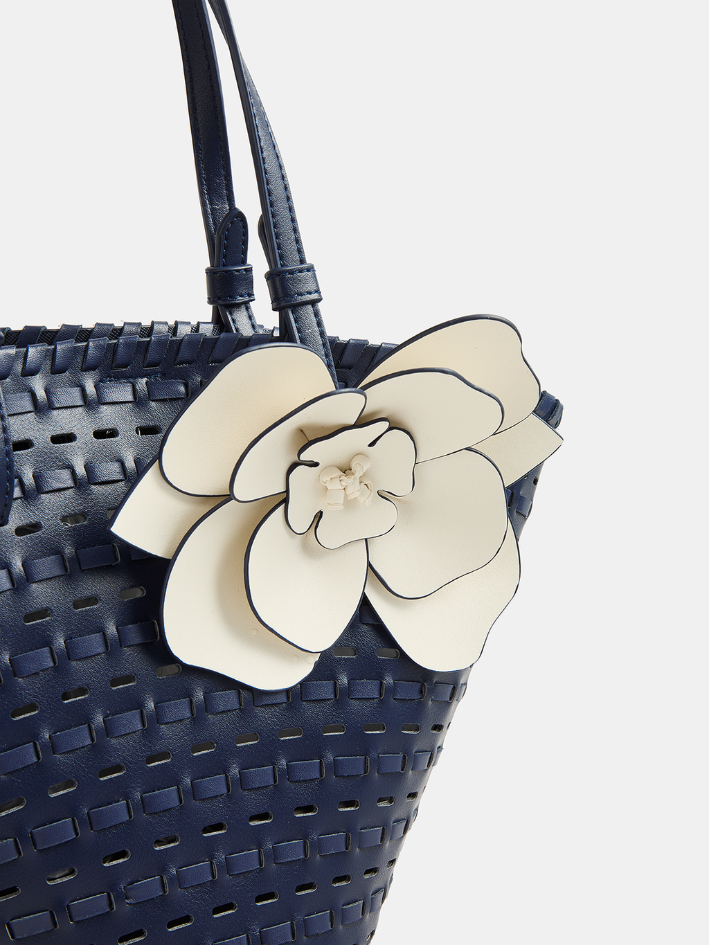 Navy Woven Vegan Leather Tote Bag with Floral Detail
