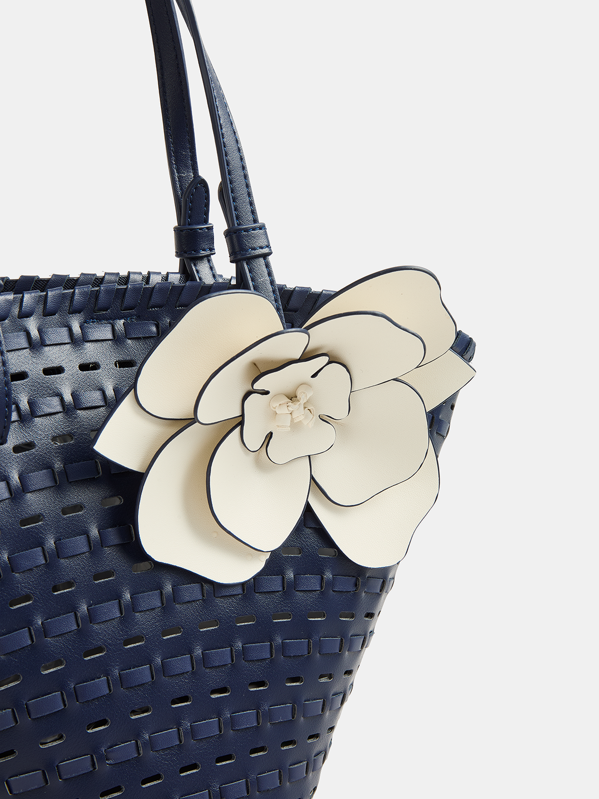 Navy Woven Vegan Leather Tote Bag with Floral Detail