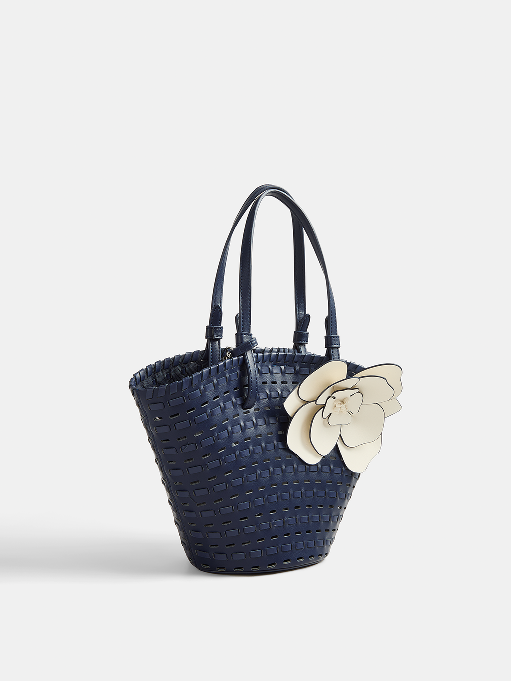 Navy Woven Vegan Leather Tote Bag with Floral Detail
