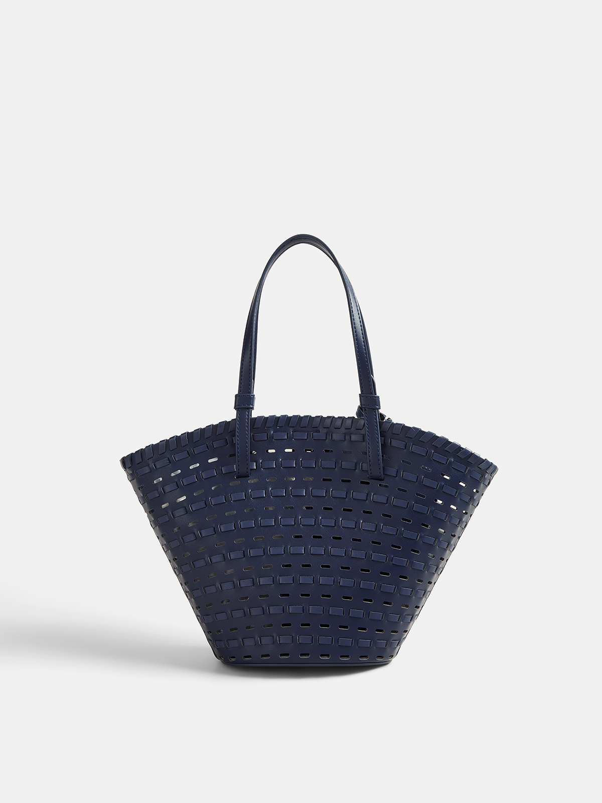 Navy Woven Vegan Leather Tote Bag with Floral Detail