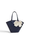 Navy Woven Vegan Leather Tote Bag with Floral Detail