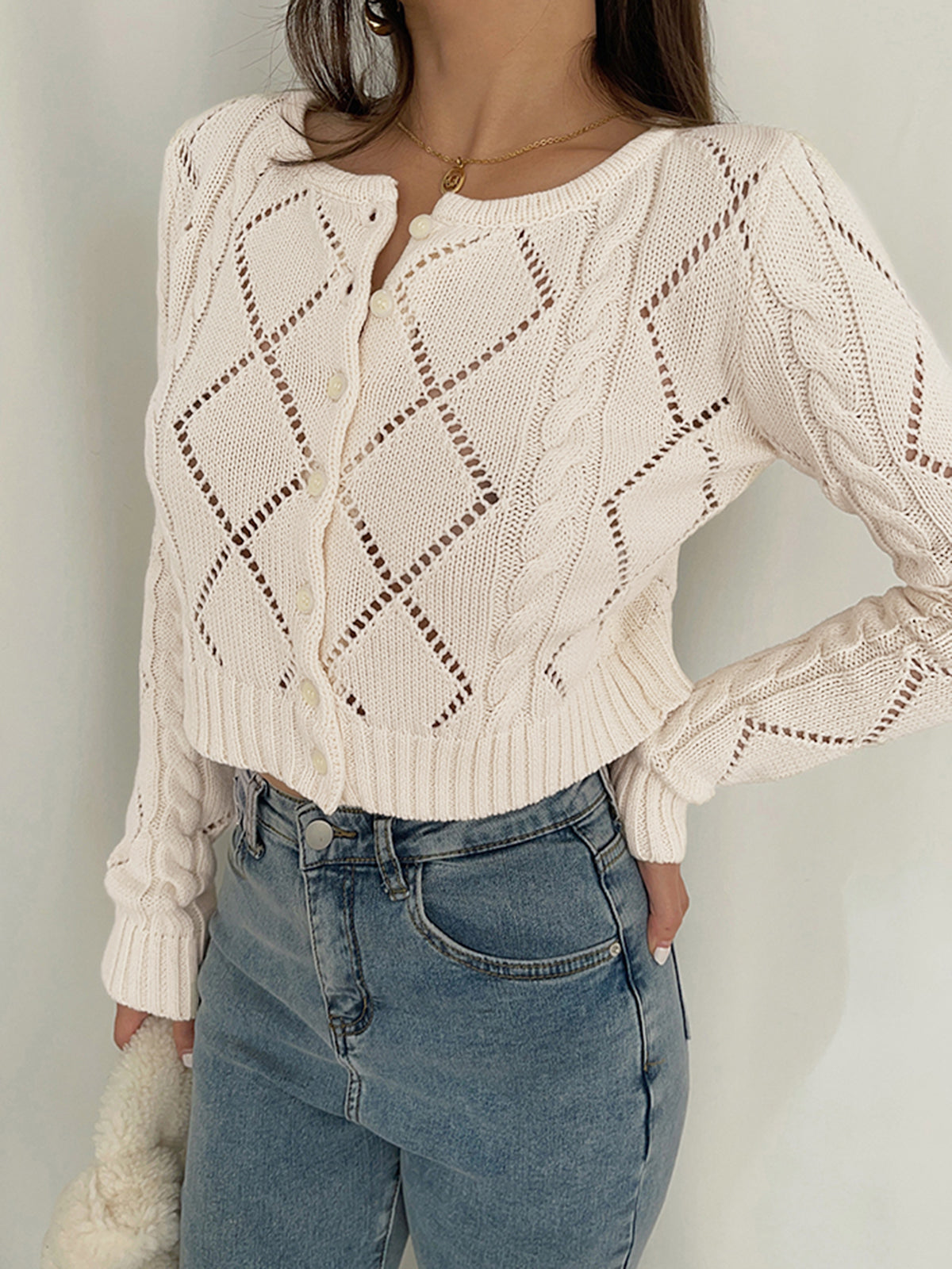 Off-White Diamond Pointelle Button Front Knit Top
