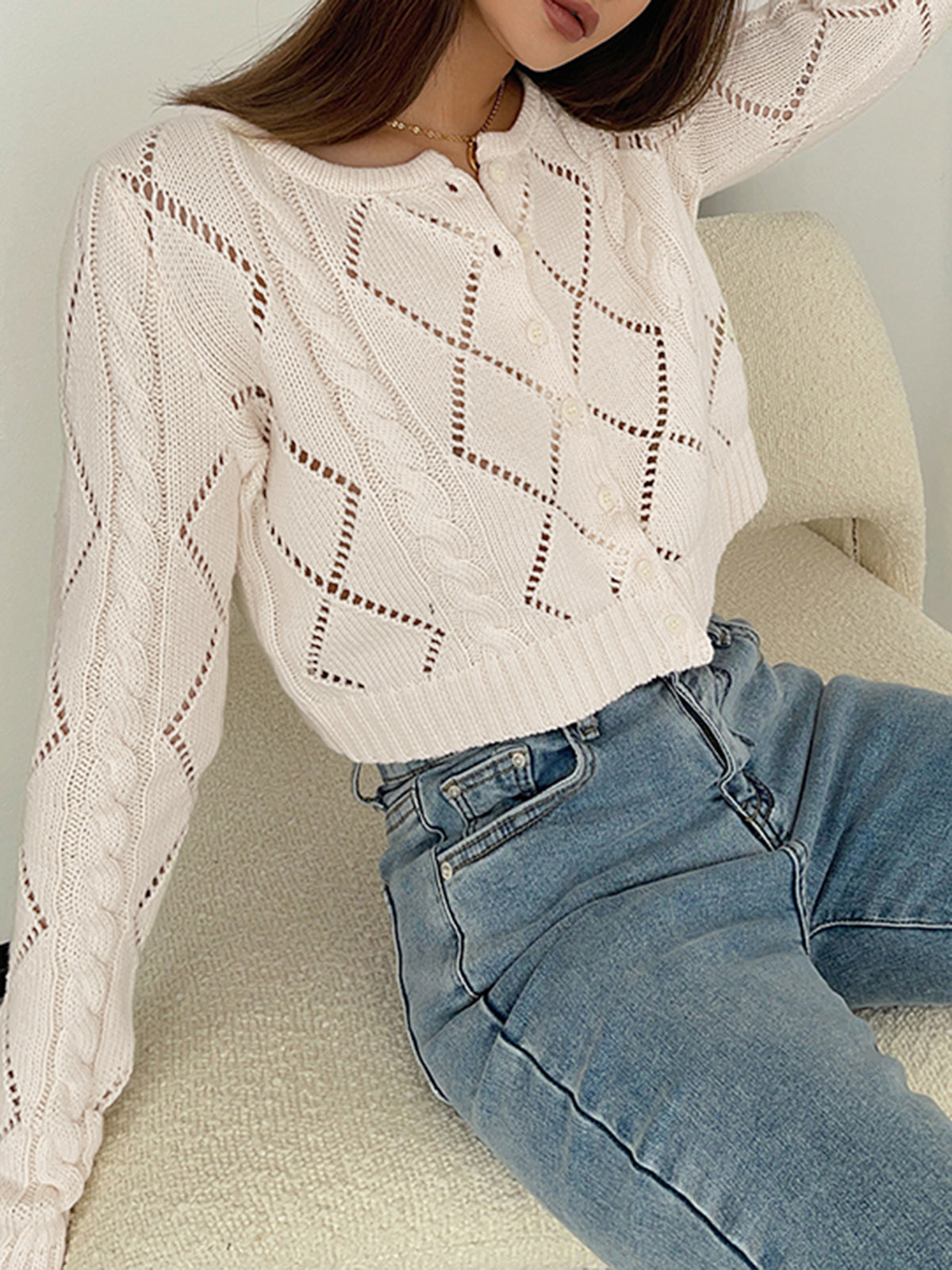 Off-White Diamond Pointelle Button Front Knit Top