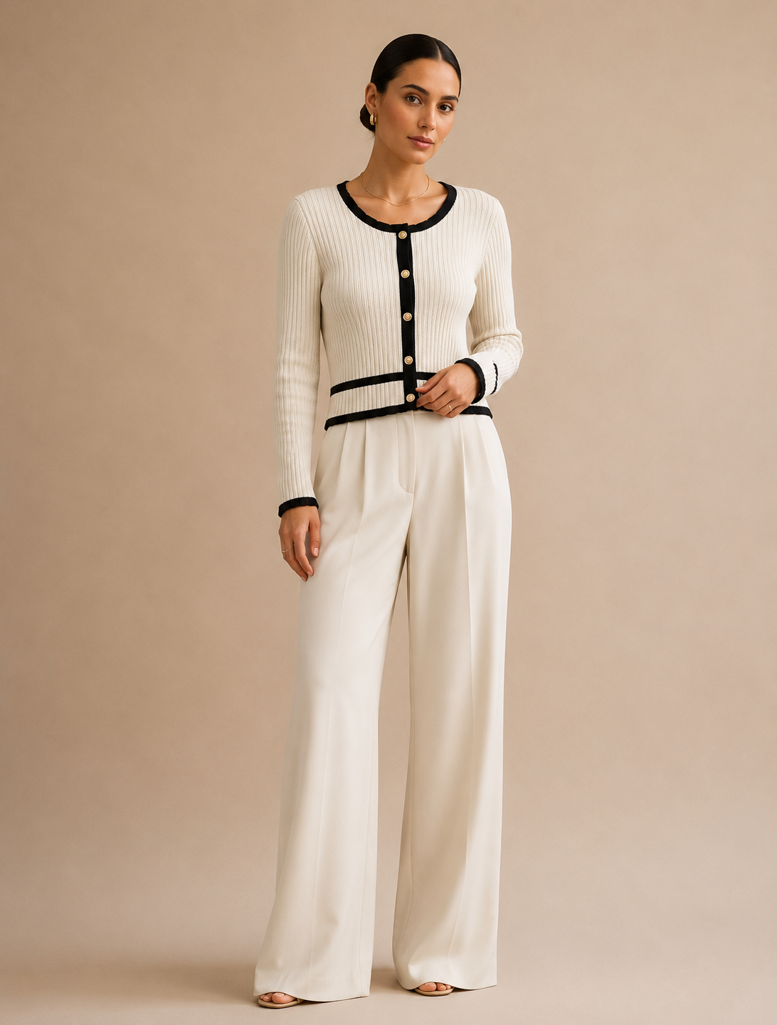 Off-White Fitted Knit Cardigan with Contrast Trim