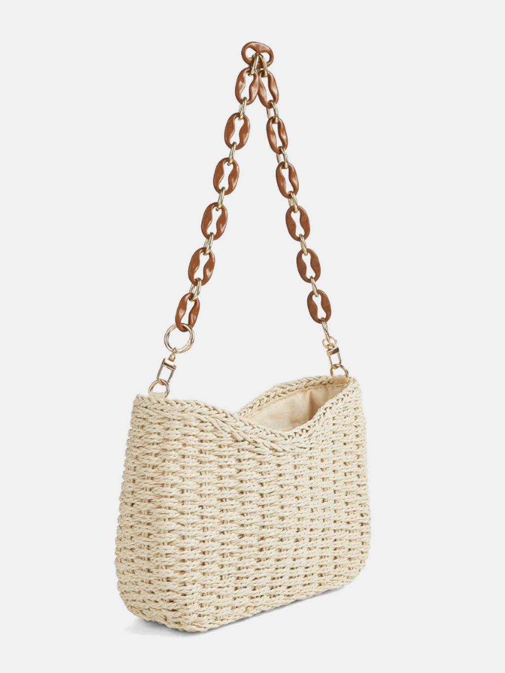 Off-White Woven Straw Shoulder Bag with Chain Strap