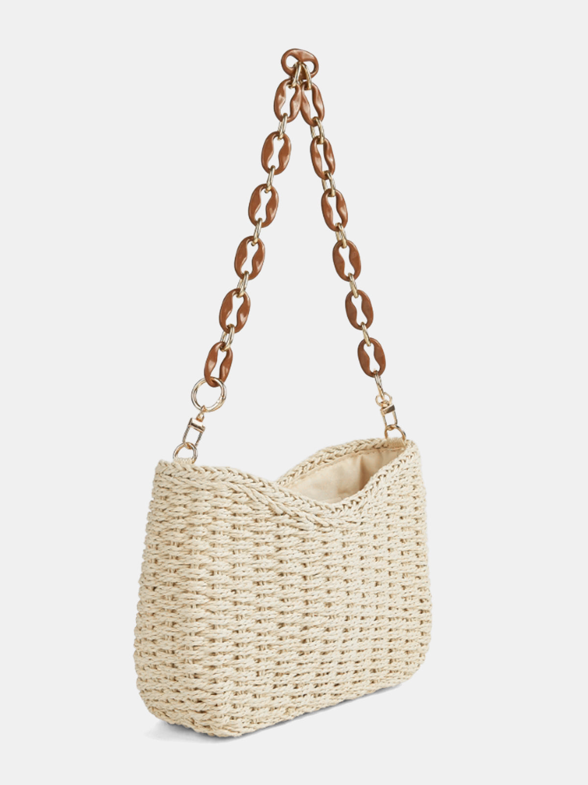 Off-White Woven Straw Shoulder Bag with Chain Strap
