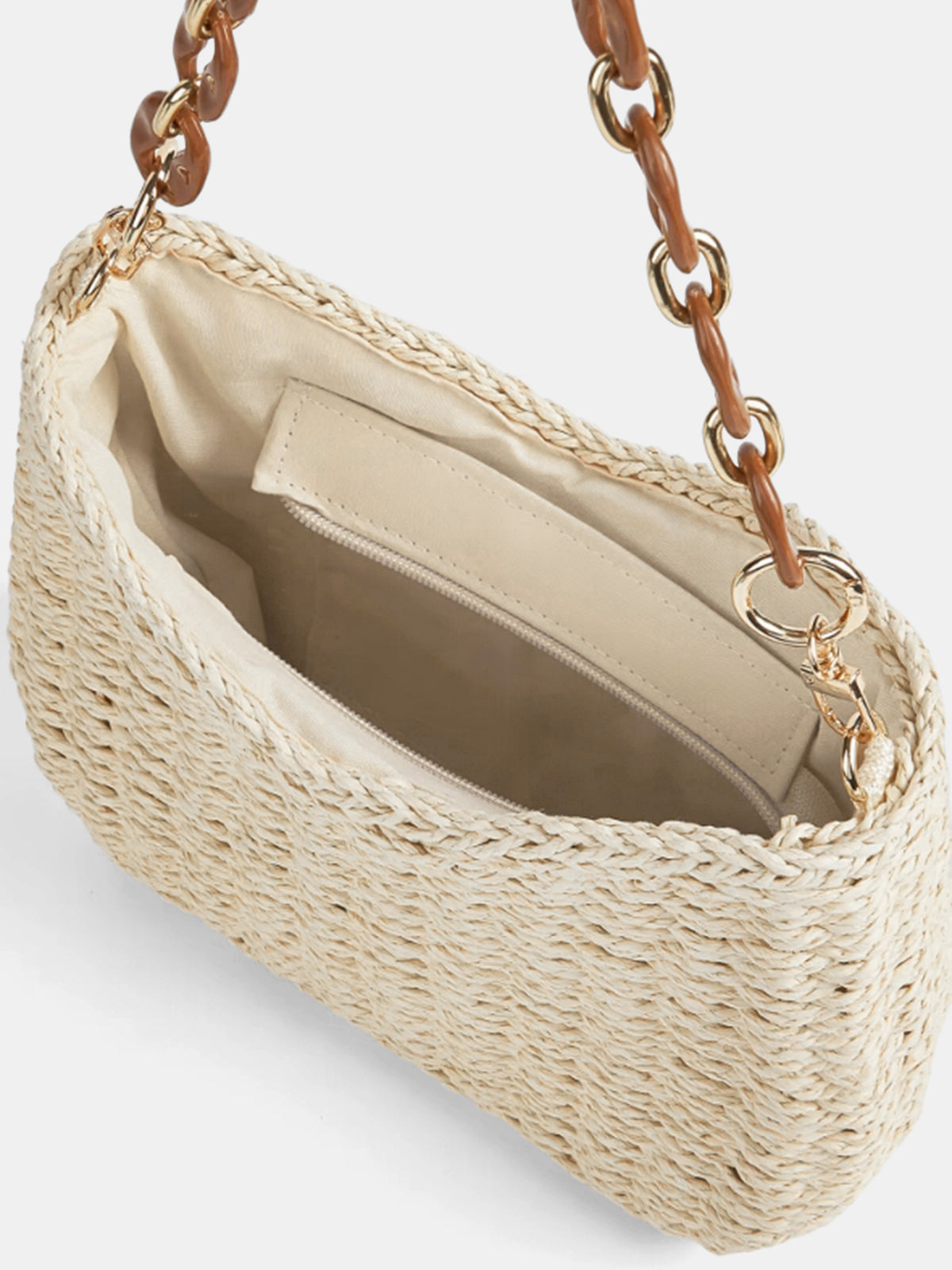 Off-White Woven Straw Shoulder Bag with Chain Strap
