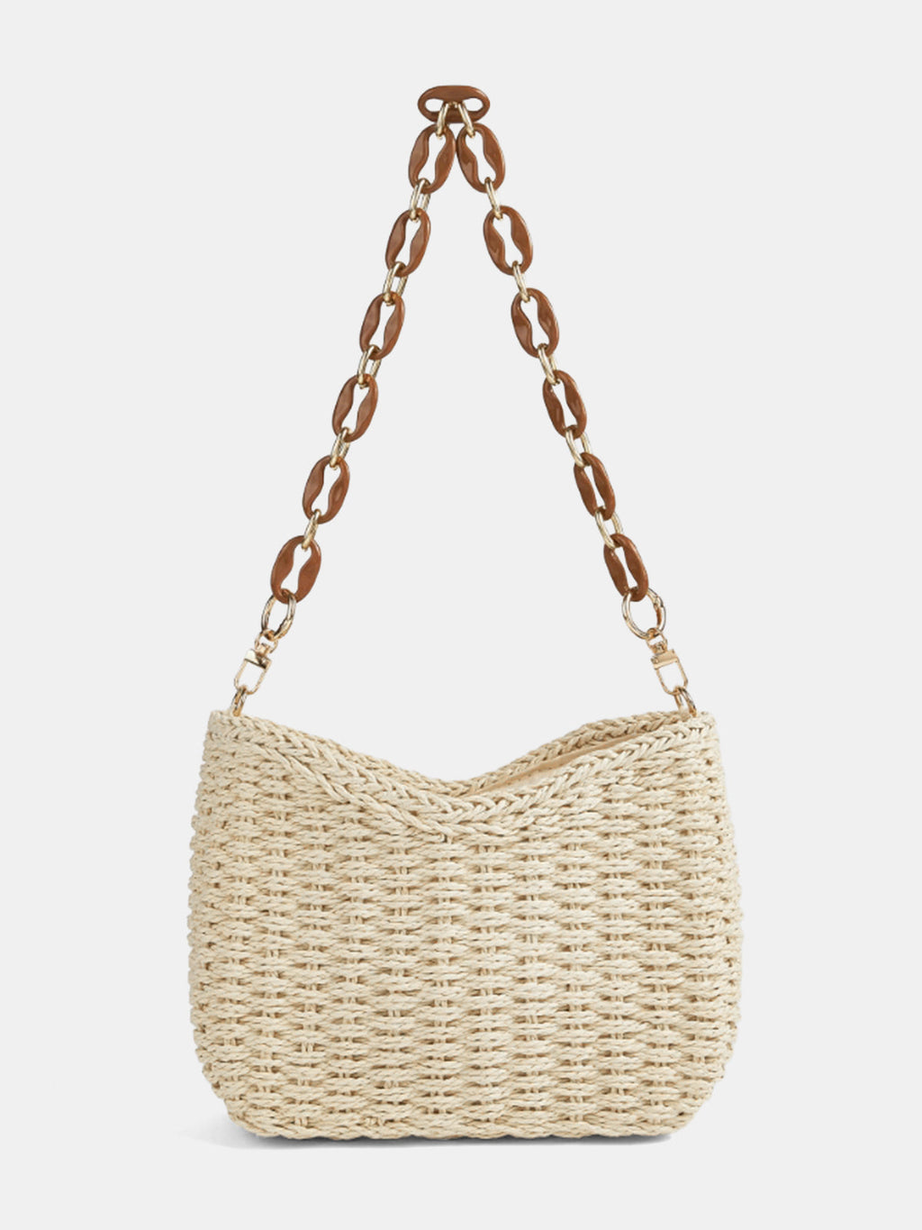Off-White Woven Straw Shoulder Bag with Chain Strap