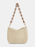 Off-White Woven Straw Shoulder Bag with Chain Strap