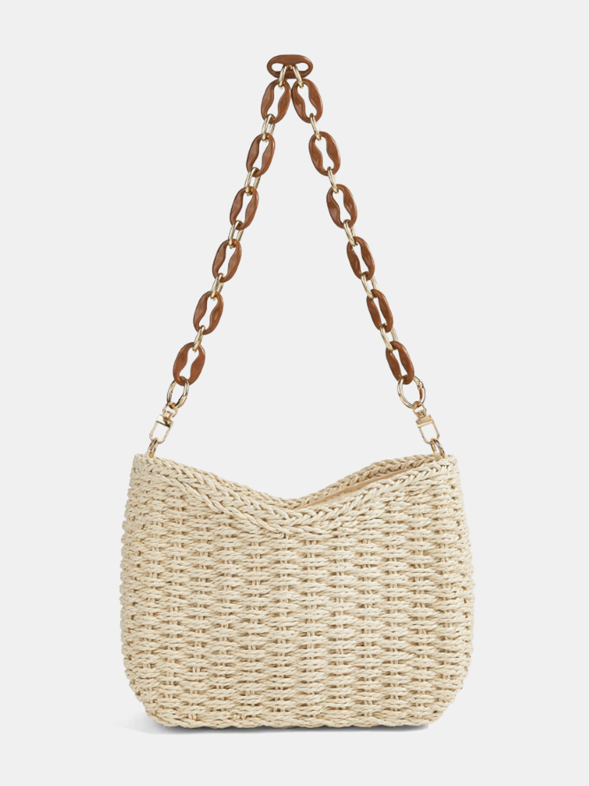 Off-White Woven Straw Shoulder Bag with Chain Strap