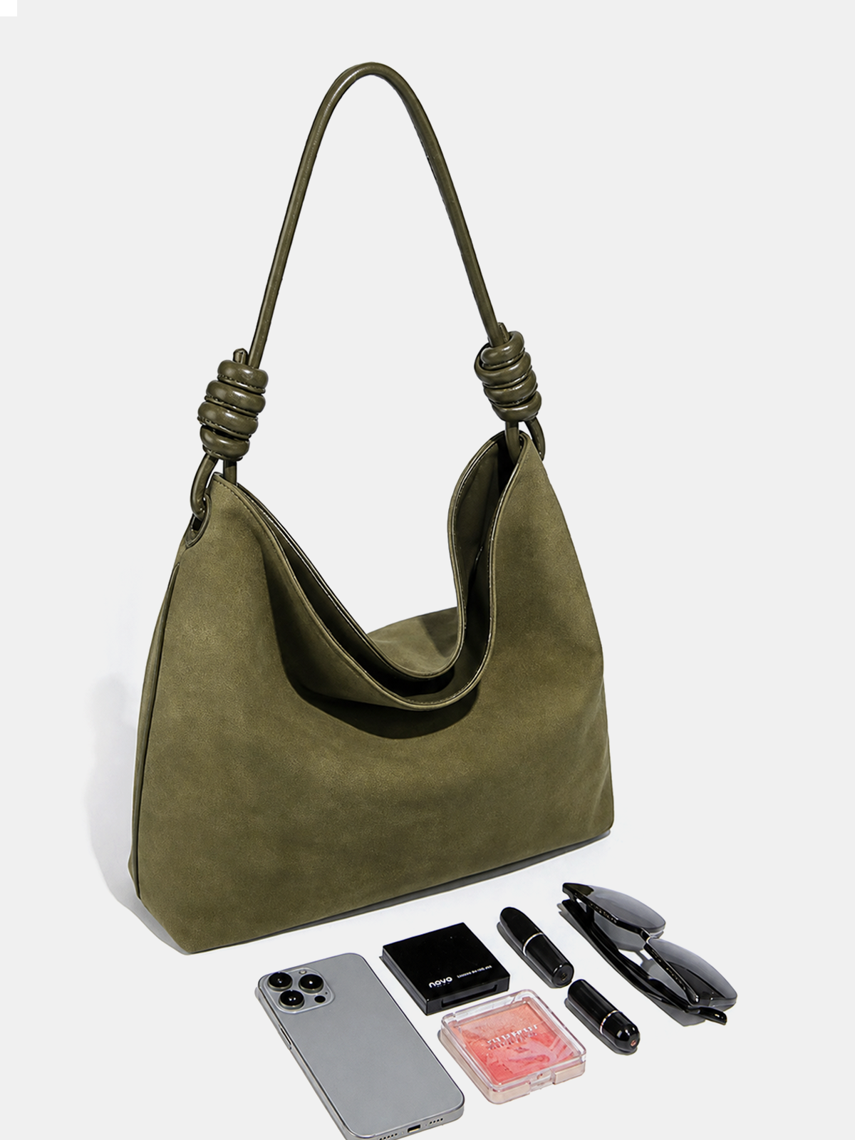 Olive Faux Suede Tote Bag with Knot Strap