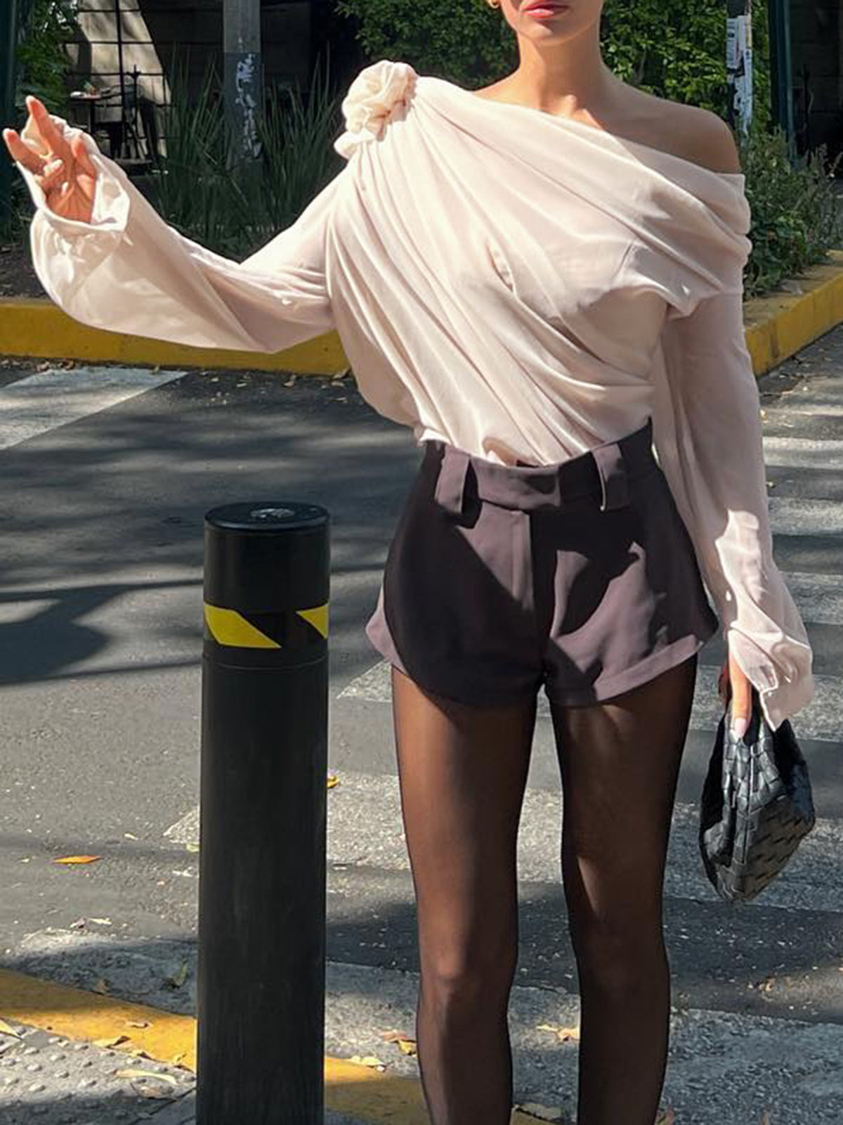 One Shoulder Chiffon Blouse with Removable Bow