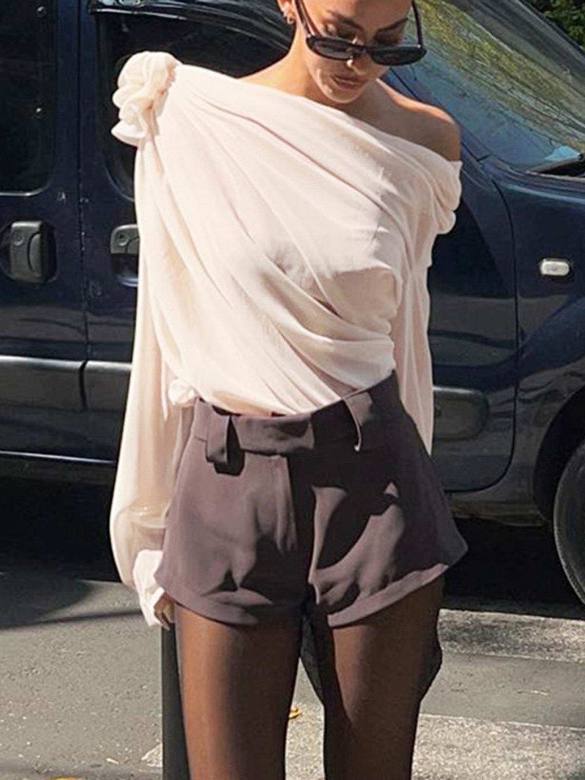 One Shoulder Chiffon Blouse with Removable Bow