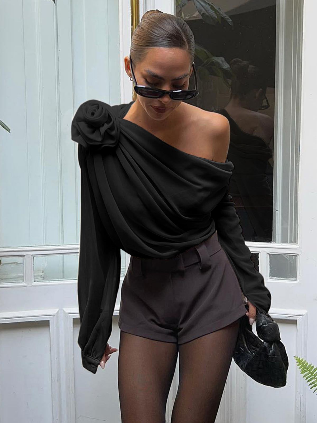 One Shoulder Chiffon Blouse with Removable Bow