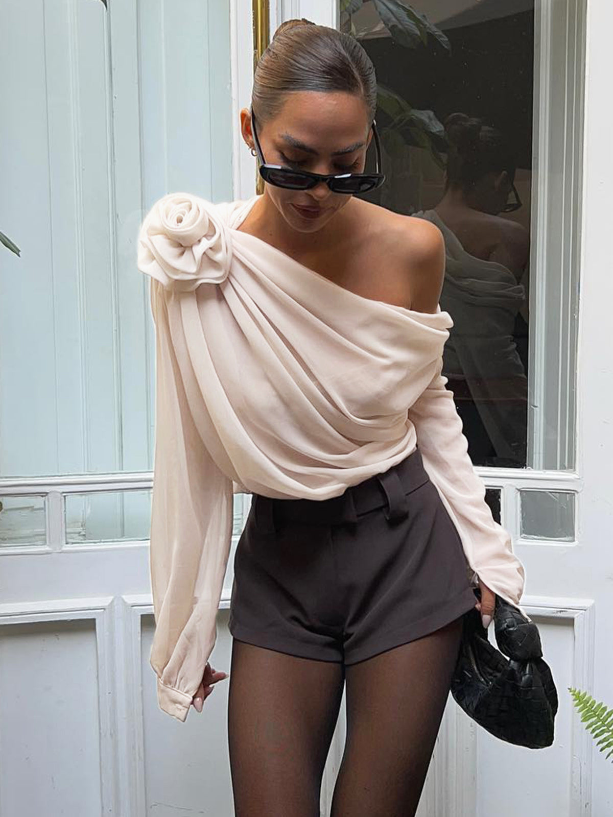 One Shoulder Chiffon Blouse with Removable Bow