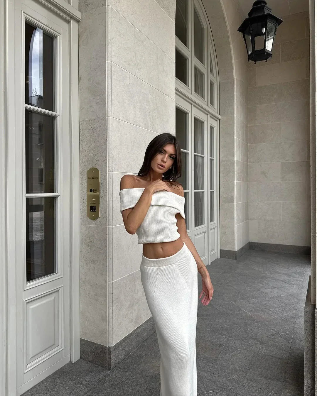 One Shoulder Knit Top and Maxi Skirt Set