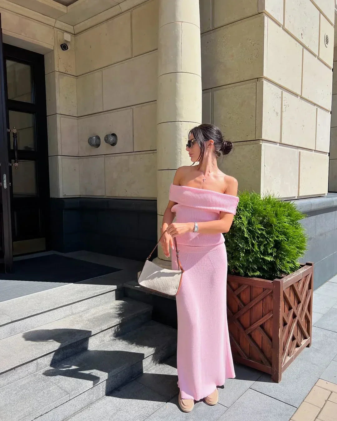 One Shoulder Knit Top and Maxi Skirt Set