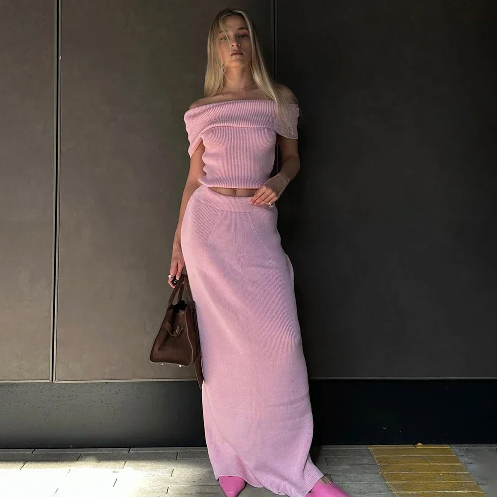 One Shoulder Knit Top and Maxi Skirt Set