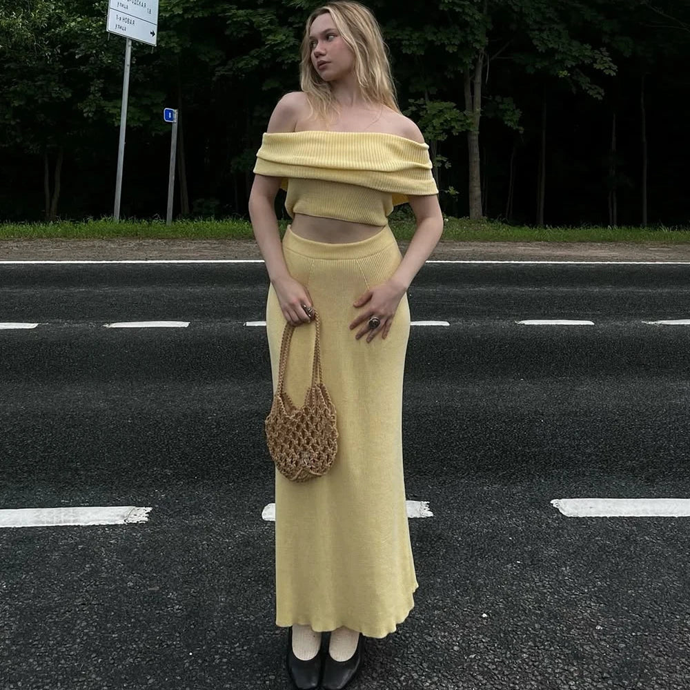 One Shoulder Knit Top and Maxi Skirt Set