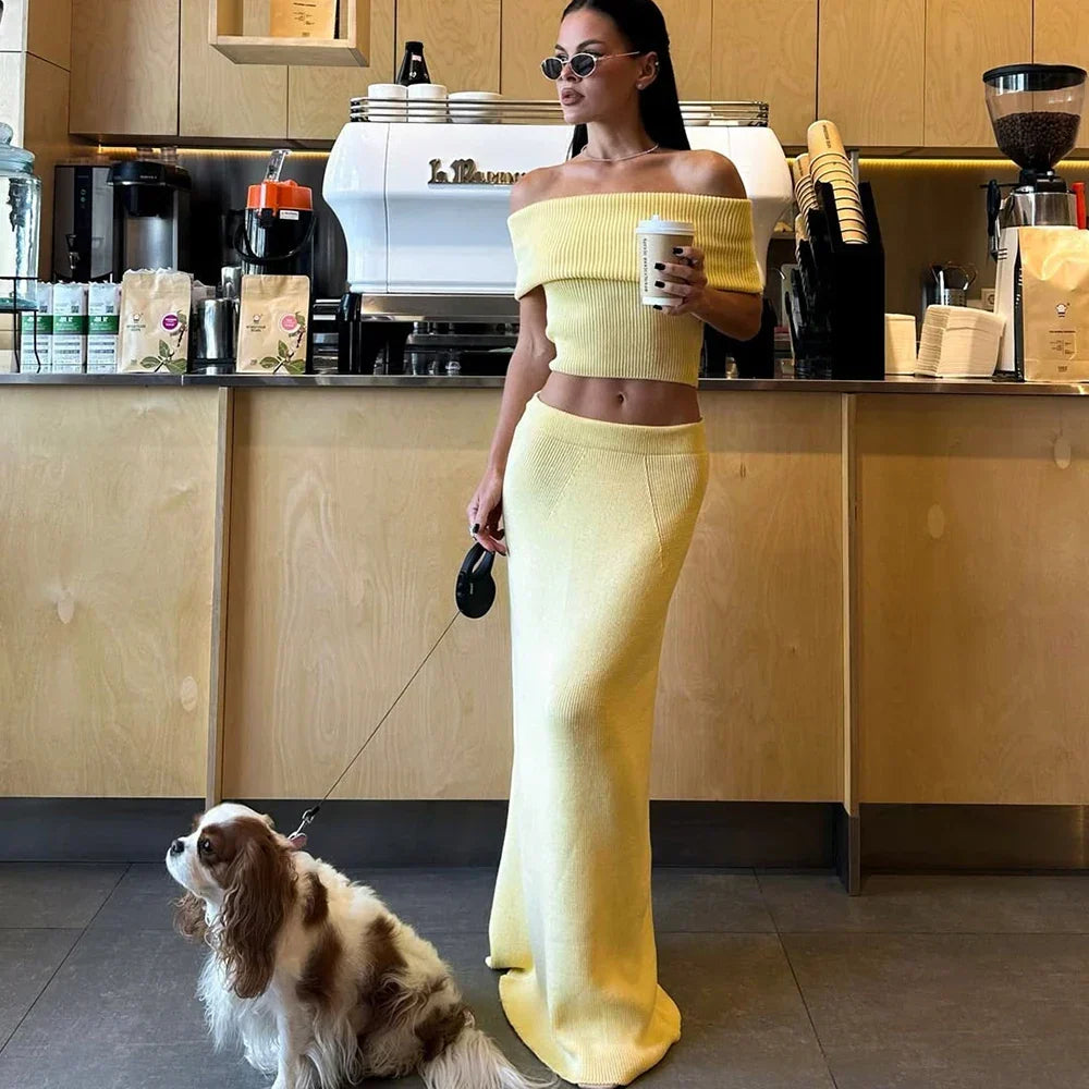 One Shoulder Knit Top and Maxi Skirt Set