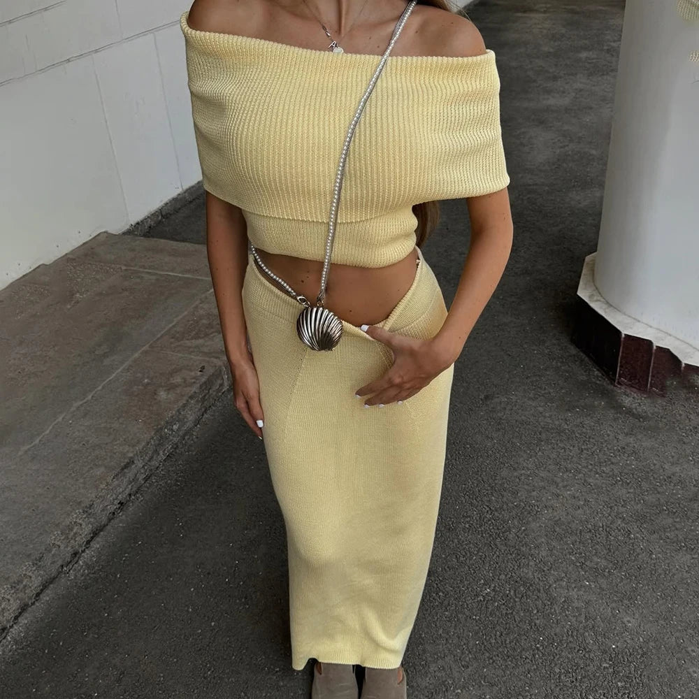 One Shoulder Knit Top and Maxi Skirt Set