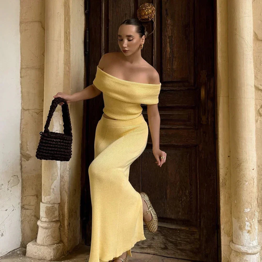 One Shoulder Knit Top and Maxi Skirt Set